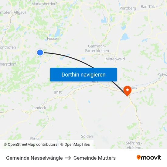 Gemeinde Nesselwängle to Gemeinde Mutters map