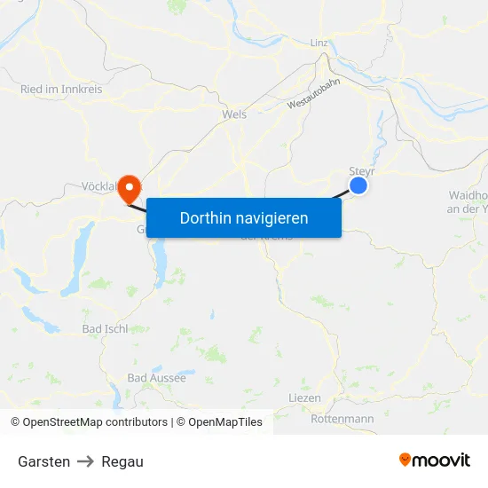 Garsten to Regau map