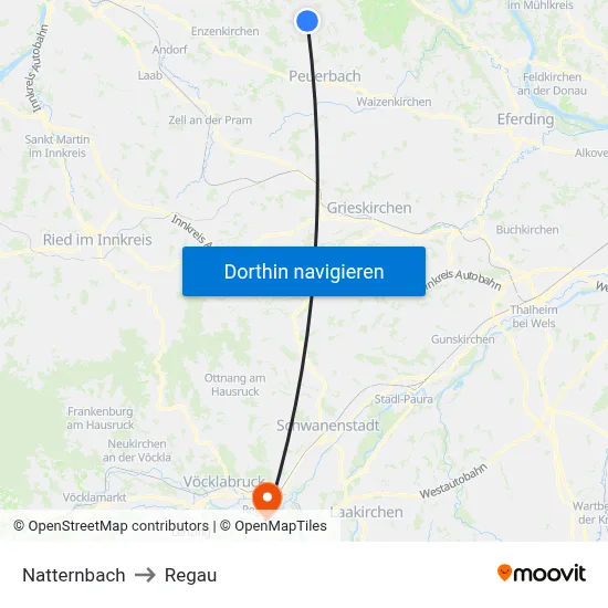 Natternbach to Regau map