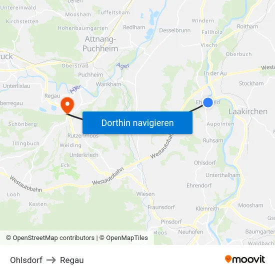 Ohlsdorf to Regau map