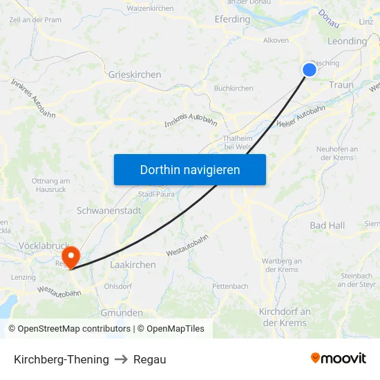 Kirchberg-Thening to Regau map