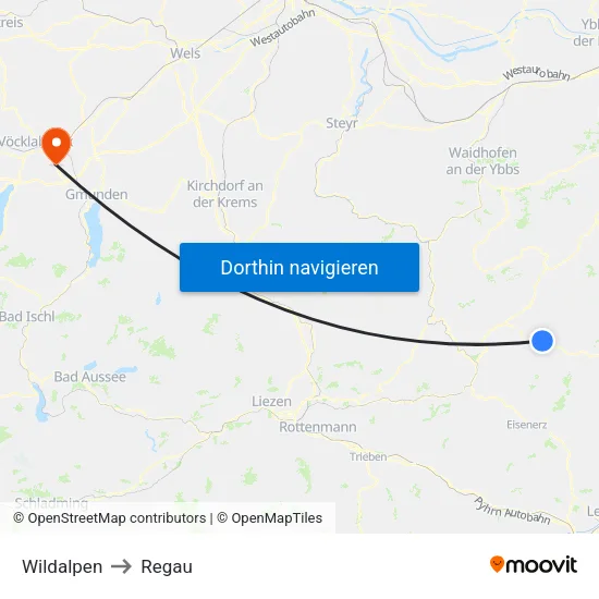 Wildalpen to Regau map