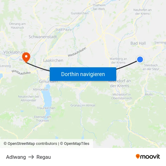 Adlwang to Regau map