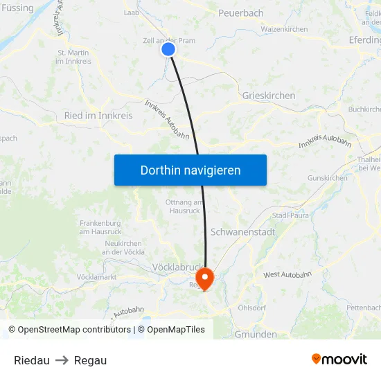 Riedau to Regau map