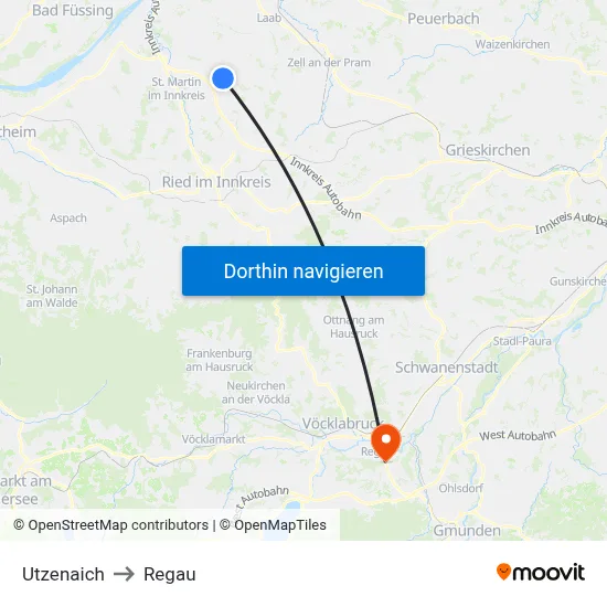 Utzenaich to Regau map