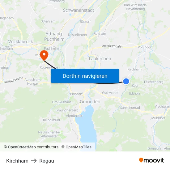 Kirchham to Regau map