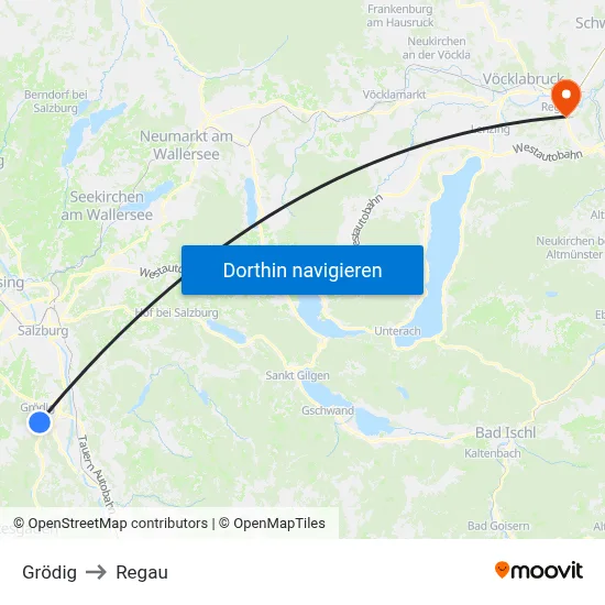 Grödig to Regau map