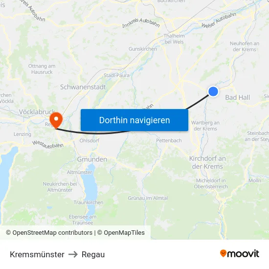 Kremsmünster to Regau map