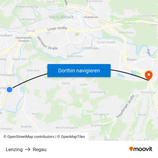 Lenzing to Regau map