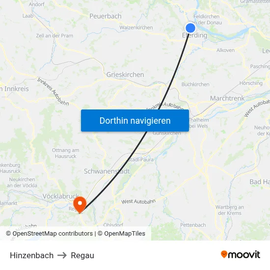 Hinzenbach to Regau map
