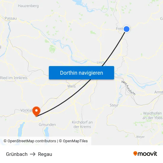 Grünbach to Regau map