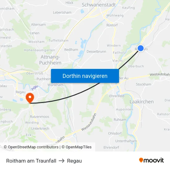 Roitham am Traunfall to Regau map