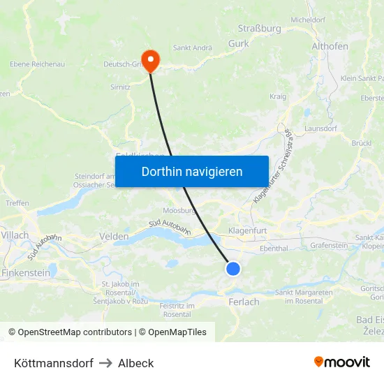 Köttmannsdorf to Albeck map