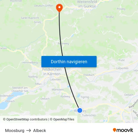 Moosburg to Albeck map