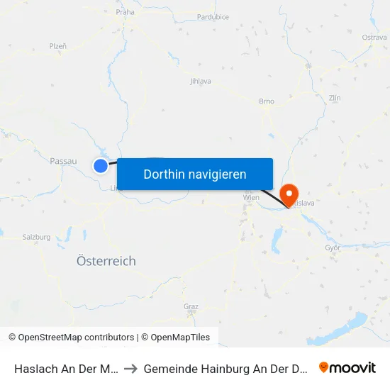 Haslach An Der Mühl to Gemeinde Hainburg An Der Donau map
