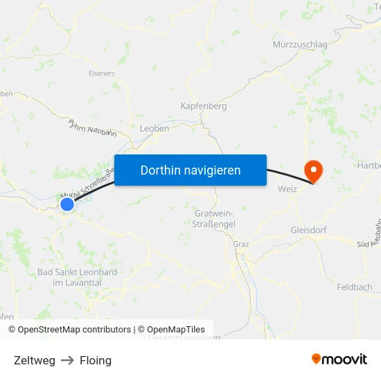 Zeltweg to Floing map
