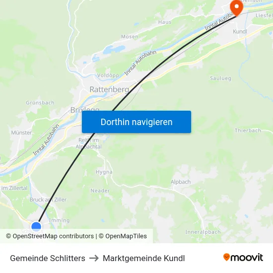 Gemeinde Schlitters to Marktgemeinde Kundl map