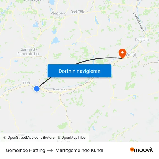 Gemeinde Hatting to Marktgemeinde Kundl map