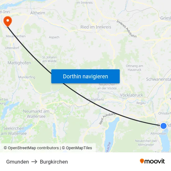 Gmunden to Burgkirchen map
