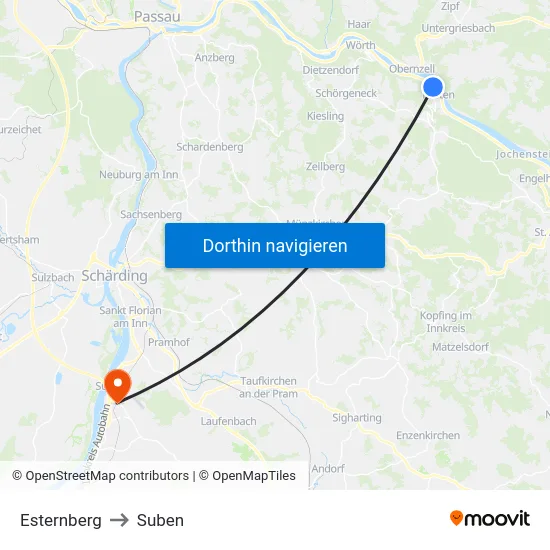 Esternberg to Suben map
