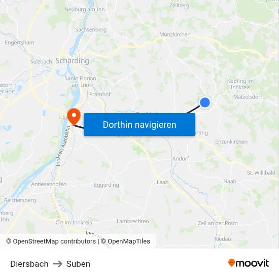 Diersbach to Suben map