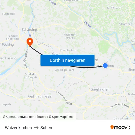 Waizenkirchen to Suben map