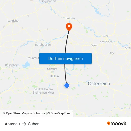 Abtenau to Suben map