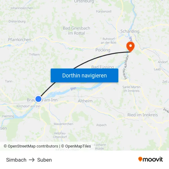 Simbach to Suben map