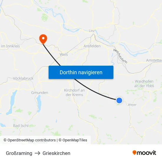 Großraming to Grieskirchen map