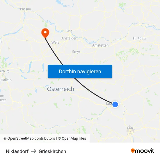 Niklasdorf to Grieskirchen map
