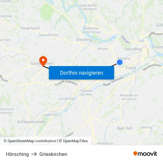 Hörsching to Grieskirchen map