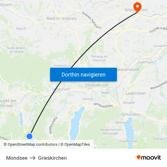Mondsee to Grieskirchen map