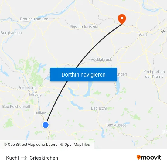 Kuchl to Grieskirchen map