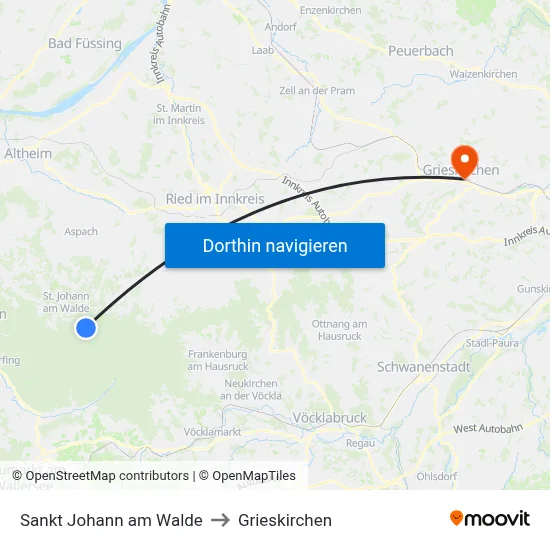 Sankt Johann am Walde to Grieskirchen map