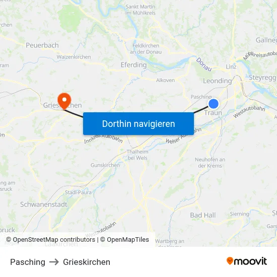 Pasching to Grieskirchen map