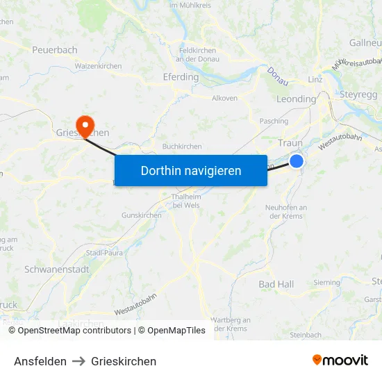Ansfelden to Grieskirchen map