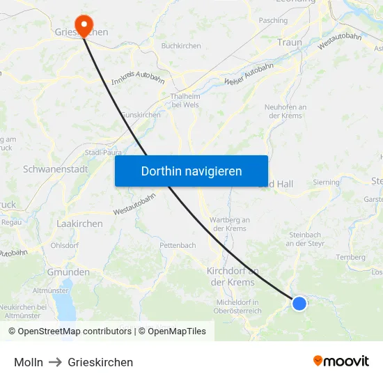 Molln to Grieskirchen map