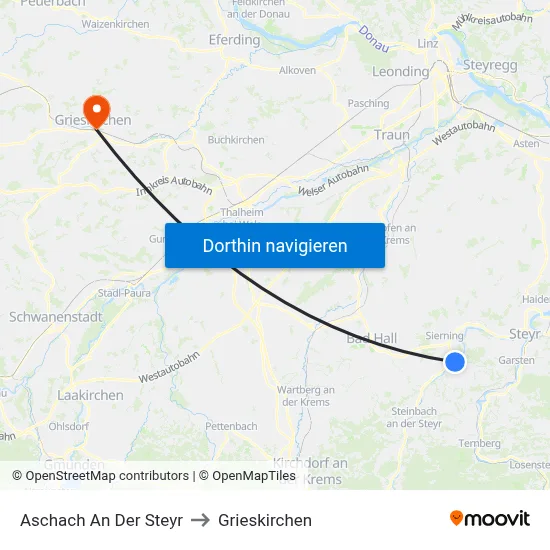 Aschach An Der Steyr to Grieskirchen map