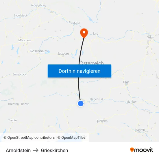 Arnoldstein to Grieskirchen map