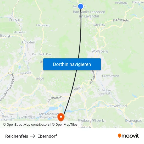 Reichenfels to Eberndorf map