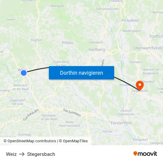 Weiz to Stegersbach map