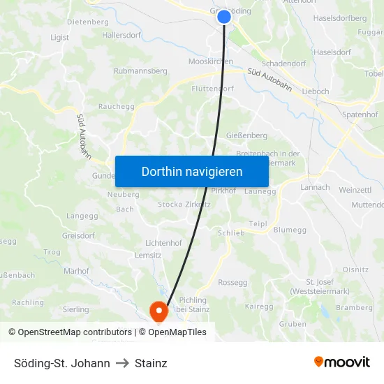 Söding-St. Johann to Stainz map