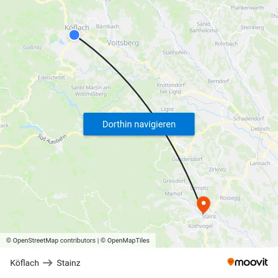 Köflach to Stainz map