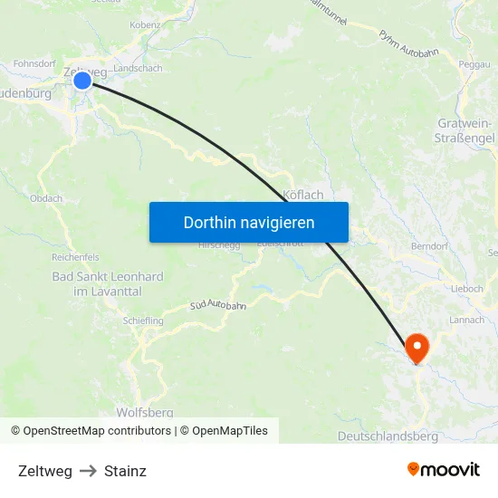 Zeltweg to Stainz map