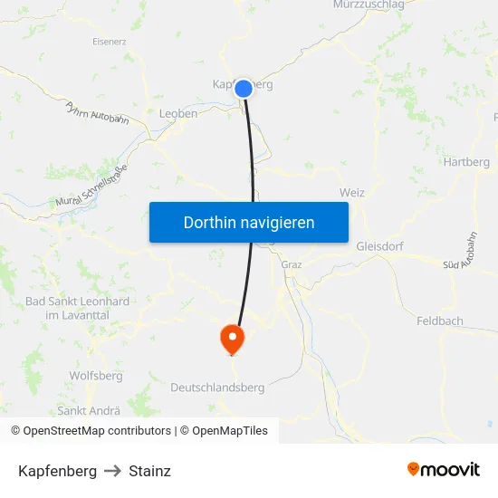 Kapfenberg to Stainz map