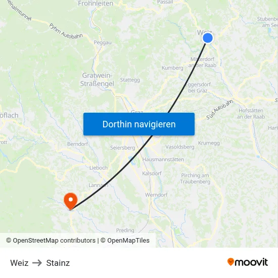 Weiz to Stainz map