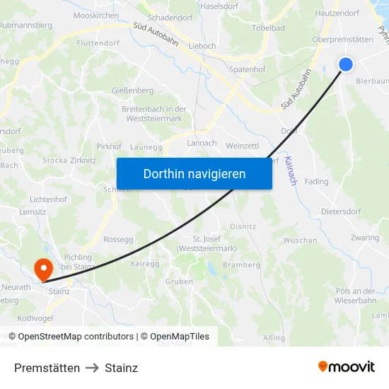 Premstätten to Stainz map