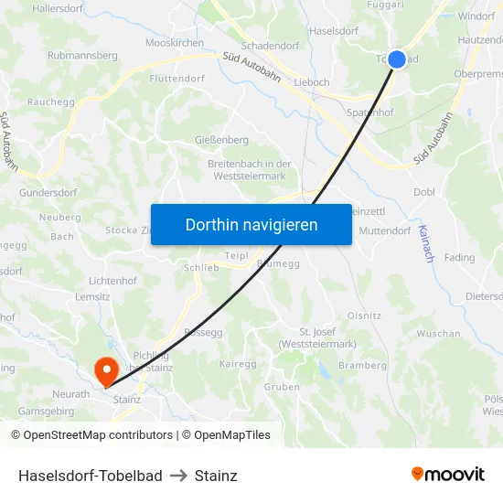 Haselsdorf-Tobelbad to Stainz map