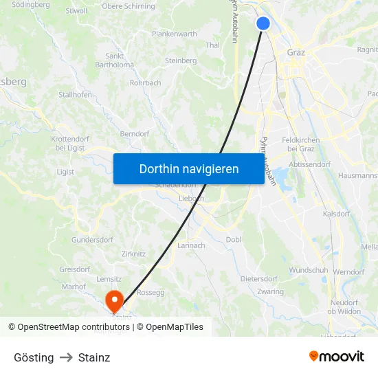Gösting to Stainz map