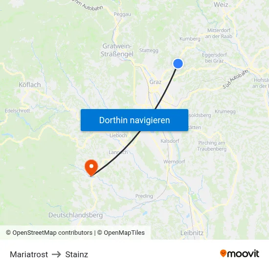 Mariatrost to Stainz map